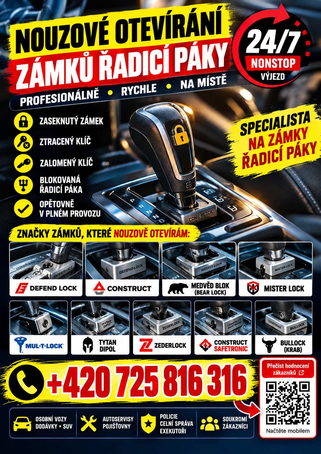 Nouzové otevírání zámku řadicí páky – zamčená a zaseknutá zpátečka, zámečnická pohotovost nonstop 24/7, telefon +420 725 816 316